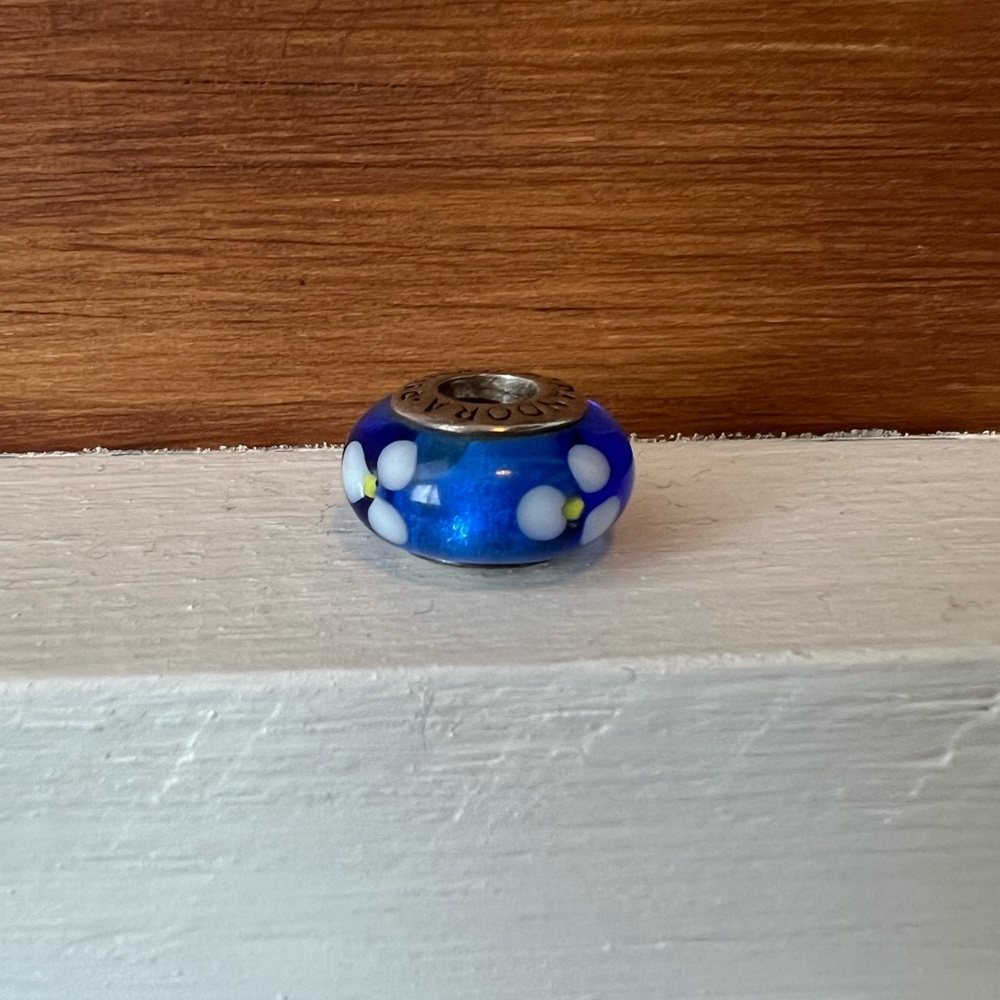 Pandora Glass Charm, Blue with White Flowers